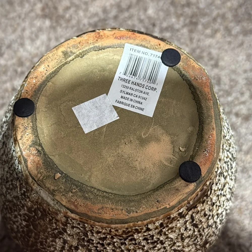 New Three Hands Corp Speckled Brown Cream Vase Rustic Ceramic 9.5” 71740